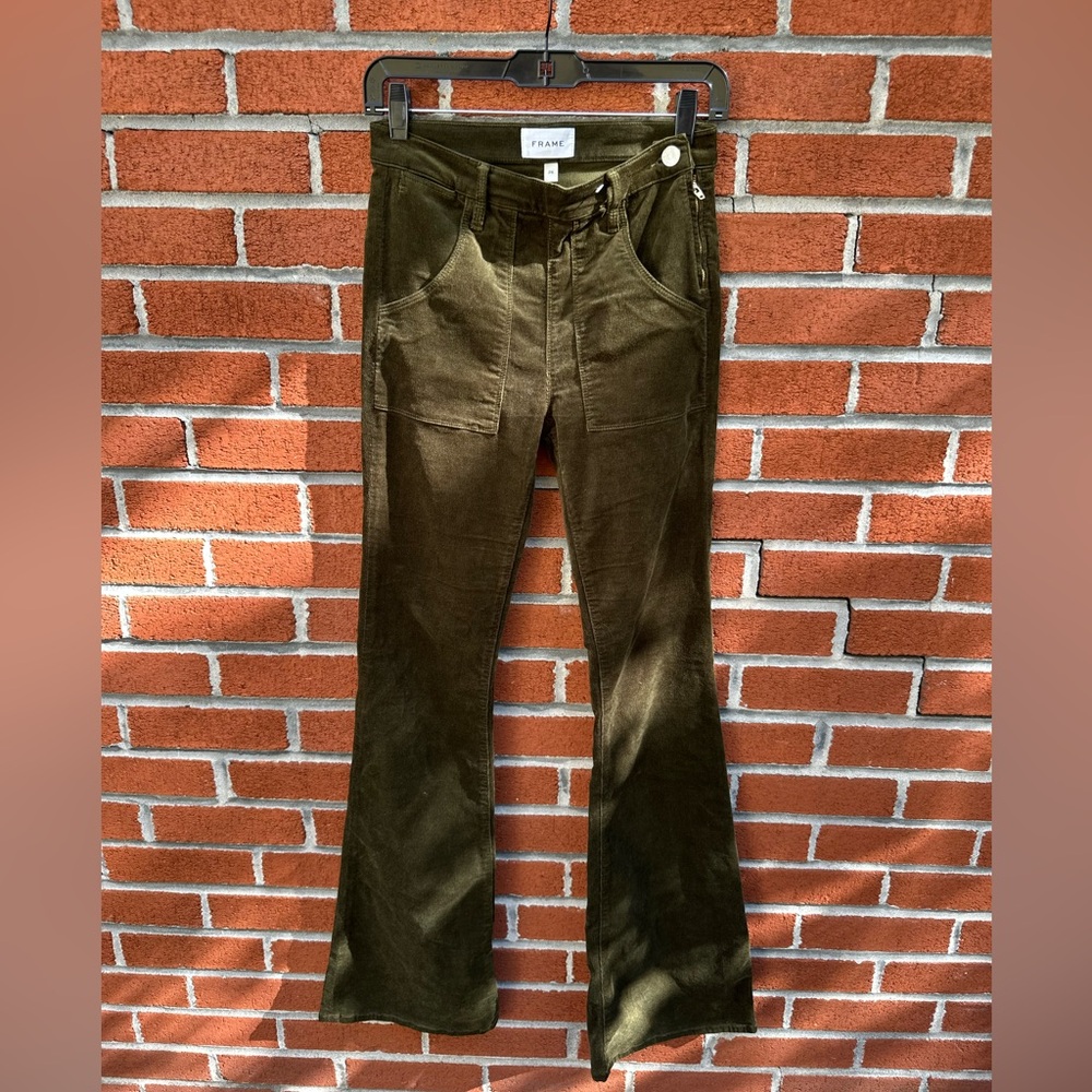 Women's FRAME Olive Stretch Corduroy Flare Jeans front two pockets